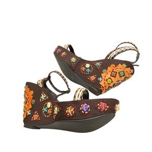 SAM EDELMAN BROWN AND ORANGE FLORAL EMBROIDERED RYLEE  PLATFORM WEDGES SIZE 8 M